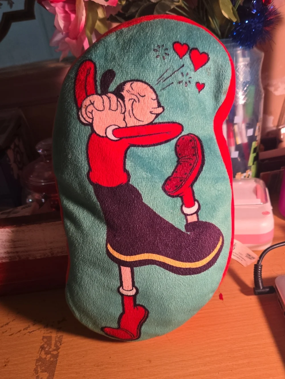 Popeye Plush Pillow in Teal & Red